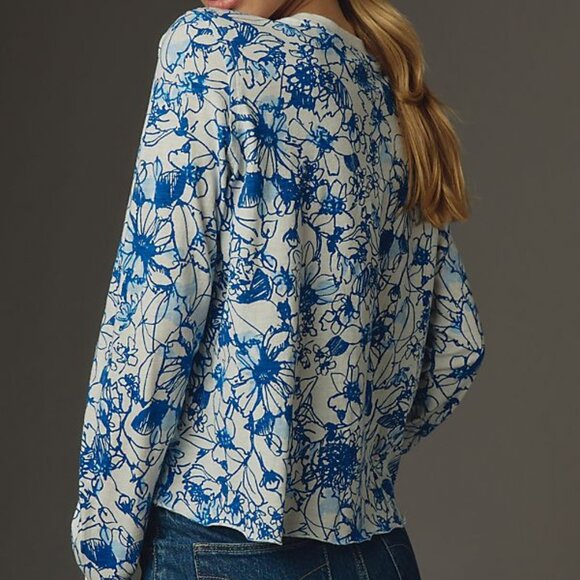 Anthropologie Sonal Nathwani Long-Sleeve Printed Tee by size L blue foral - Picture 2 of 8